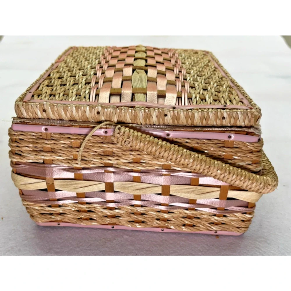 Woven Vanity Jewelry Box Pink Trim Satin Lined Hinged Basket Vintage Storage